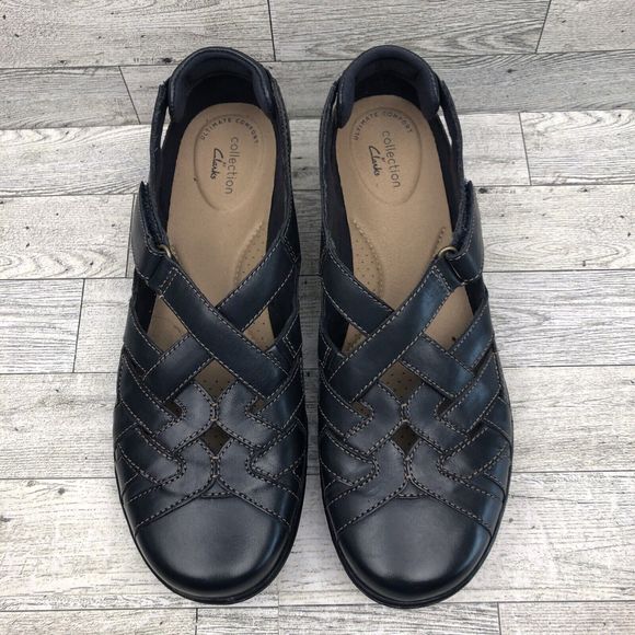 Clarks Shoes Women 9 Navy Blue Leather Comfort Flat Fisherman Sandal Lightweight - Picture 3 of 9